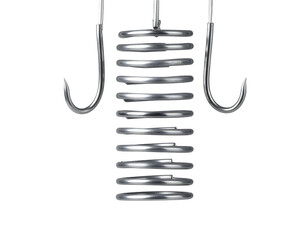 A shiny coiled spring with two hooks on a black background