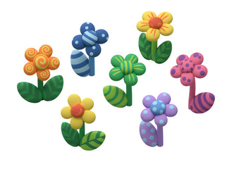 Set of 6 Cute 3D Cartoon Flowers in Claymation Style, Plastiline Texture and Toy-Like Appearance, Isometric View