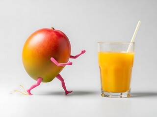 Humorous Mango with Pink Legs Running Towards a Fresh Glass of Orange Juice on a White Background