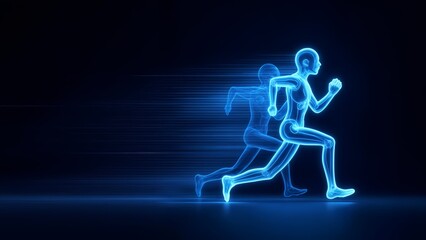 A pair of men running against a backdrop of blue lines.