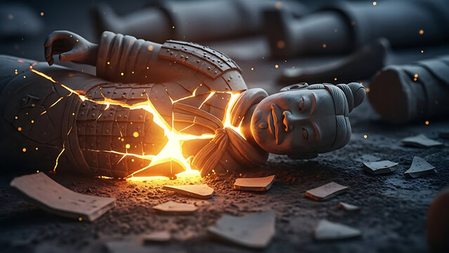 Ancient Terracotta Warrior statue cracked and glowing with powerful inner light on dark ground