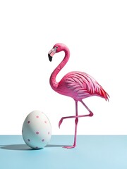 Whimsical Paper Craft Pink Flamingo Standing Next to a Polka Dot Easter Egg on a Two-Tone Background