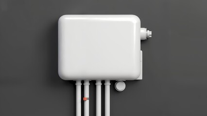 A close-up shot of a white water tank attached to a gray wall.