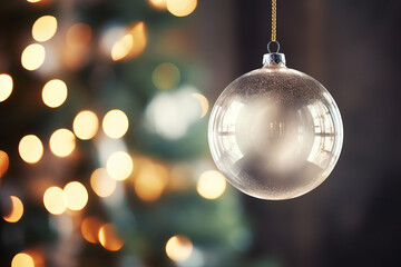 Clear glass festive bauble decoration hanging from a christmas tree branch