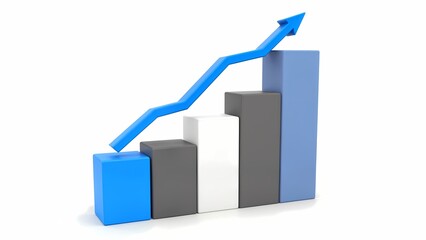 A 3D rendering of a blue and white bar graph with a blue arrow pointing up.