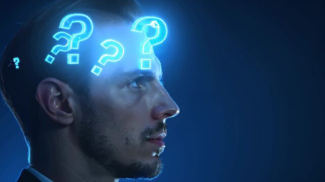 Profile of a thoughtful man with glowing digital question marks above his head, symbolizing curiosity, doubt, or complex decision-making