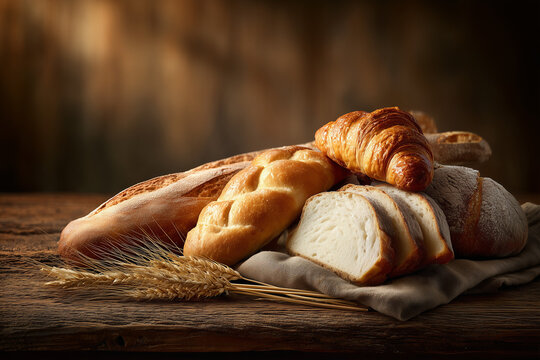 Assorted Artisanal Breads on Rustic Table. Assorted artisanal breads on rustic table; great for bakery ads or rustic dining visuals.
