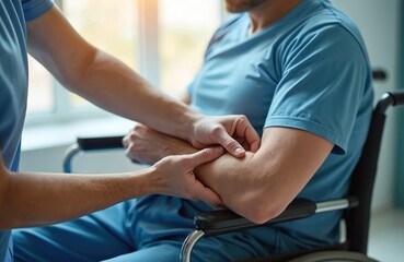 Fototapeta premium Doctor checks patient arm in wheelchair performing physical therapy. Therapist helps man with arm exercises for muscle recovery and pain relief in clinic.