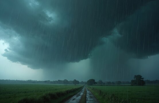 Scenic heavy rainfall over field. Raindrops fall over green landscape. Dark storm weather with downpour. Wet road stretches into distance under thick dark storm cloud formation. Global warming