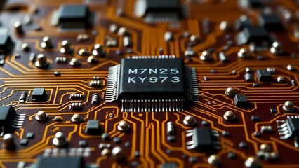 A close-up view of a chip on a computer chip.