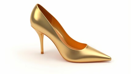 A gold high heel on a white background.