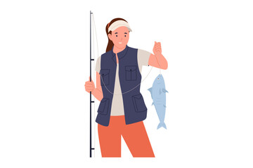 Vector Illustration of Woman Fishing and Angling. Female Person Engaged in the Outdoor Hobby, Leisure Activity, and Catching a Fish