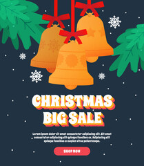 Christmas Big Sale banner featuring golden bells, snowflakes, and pine. Perfect for holiday promotions and seasonal marketing campaigns