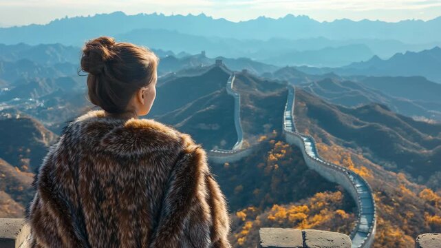 Female tourist overlooking Ming Dynasty wall, travel destination in northern China.