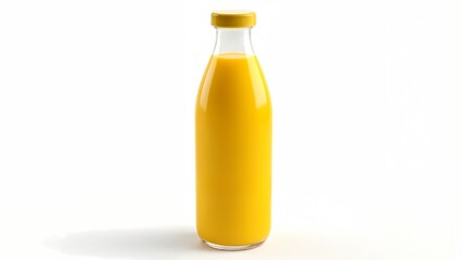 A bottle of orange juice against a white backdrop.