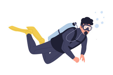 Vector Illustration of Man Scuba Diving Underwater. Person Exploring the Sea with Diving Gear, Tank, and Fins for Marine Hobby