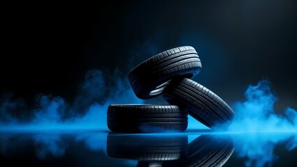 Three black tires stacked on top of each other on a reflective surface.
