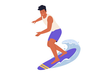 Vector Illustration of Man Surfing on a Wave. Person Engaged in the Water Sport of Surfing, Adventure, and Beach Recreation