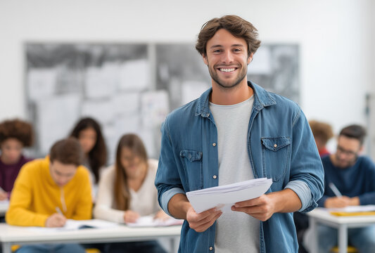 Smiling teacher stands in classroom helping students with assignments during afternoon session - Powered by Adobe