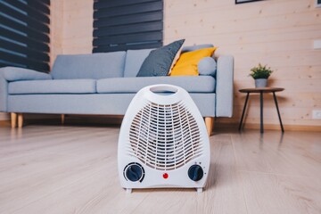 A Modern Electric Heater Positioned in a Cozy Living Room with a Sofa, Floor, and Decorative Elements for Enhanced Home Comfort