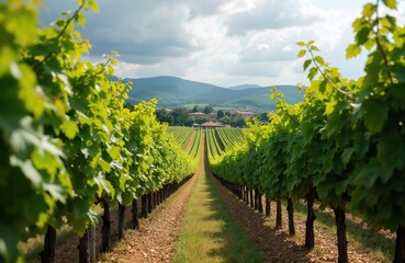 Obraz premium Vinery rows stretch to horizon. Green vineyard landscape under cloudy sky. Grape plants in field with village at mountain hills. Travel through Tuscany countryside. Winery agriculture in rural area.