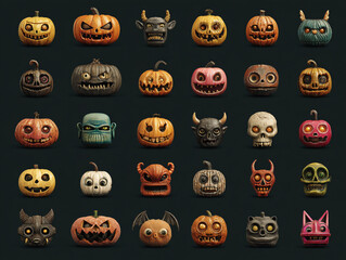 Fototapeta premium Collection of funny and spooky Halloween pumpkins and monster heads on dark background