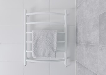 Elegant White Towel Rack with Textured Gray Towel in Modern Bathroom Setting on Sleek White Tiles and Subtle Gray Accents