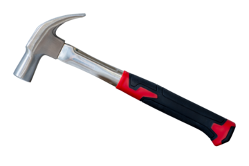 Modern claw hammer with stainless silver metal head and a black and red ergonomic rubber grip. Essential tool for construction, DIY, repair, and home improvement concepts. isolated on transparent