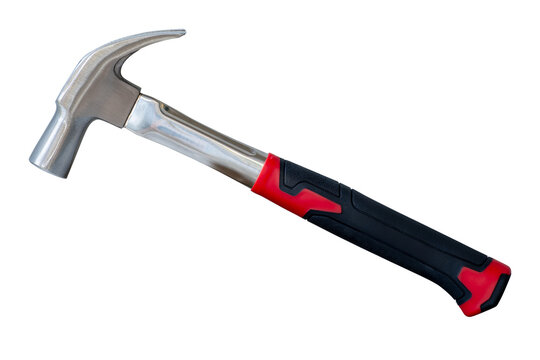 Modern claw hammer with stainless silver metal head and a black and red ergonomic rubber grip. Essential tool for construction, DIY, repair, and home improvement concepts. isolated on transparent