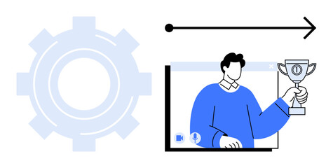 Man holding a trophy extends from laptop screen, next to gear and arrow pointing forward. Ideal for teamwork, achievement, success, technology, leadership, innovation, progress concepts