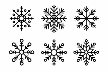 A collection of six unique black and white snowflake illustrations against a white background