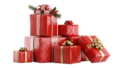 Stacked red christmas presents with gold ribbons and bows on white background