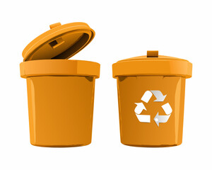 Orange recycling bins with open and closed lids showcasing waste management