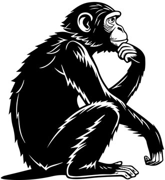 Thinking Chimpanzee Pose &ndash; Black and White Stylized Vector