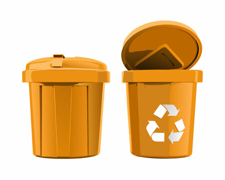 Two orange trash cans one closed and one with an open lid displayed