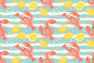A playful pattern featuring lobsters lemons and stripes in pastel shades