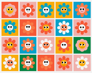 Obraz premium A colorful grid of smiling flowers with varying petal designs and backgrounds