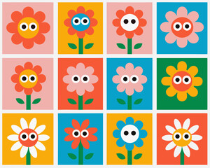 Fototapeta premium Colorful floral pattern with simple flowers in a grid arrangement