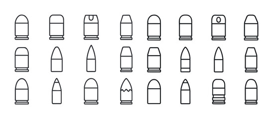 Set of various bullet and ammunition icons in simple outline sty