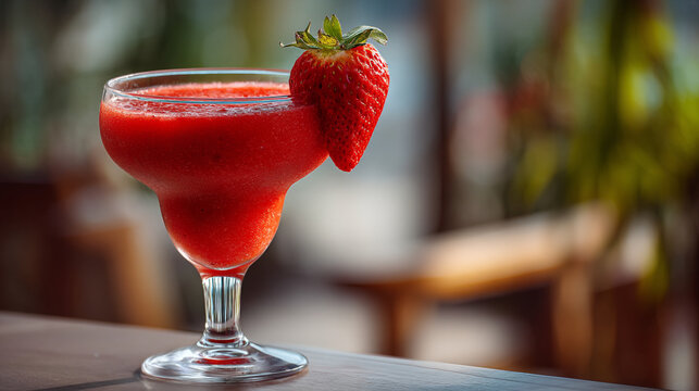 Fresh strawberry daiquiri on a table in an outdoor cafe setting