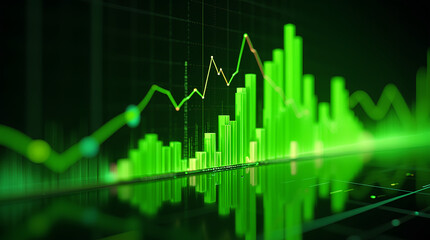 Dynamic green digital stock market graph with bar charts and lines on a dark background, representing financial market analysis, investment trends, business growth, and global economy fluctuation