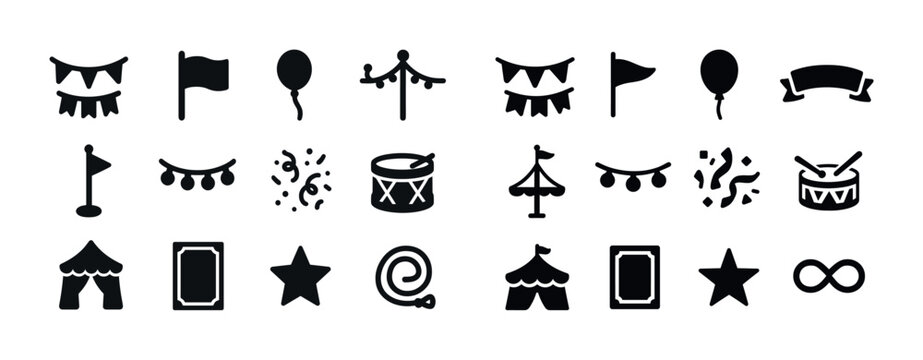 Black and white icons of circus and festive elements including t