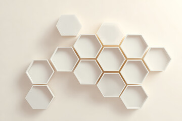 A creative arrangement of white hexagonal shelves on a light wall, perfect for displaying decorative items and enhancing interior aesthetics.