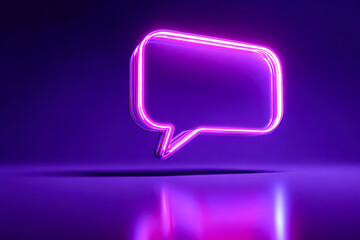 Naklejka premium A vibrant neon speech bubble glowing in pink against a deep purple background, reflecting light on a smooth surface.