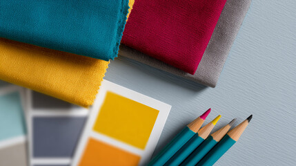 Colorful fabric swatches and pencils on a light blue surface