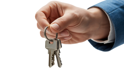 A hand in a blue suit sleeve holding a set of metal keys on a keyring