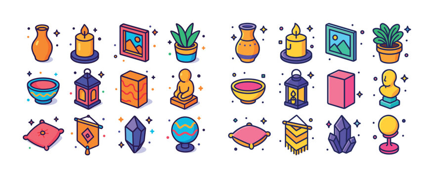 Colorful icons of decorative home items including vases and cand
