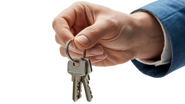 A hand in a blue suit sleeve holding a set of metal keys on a keyring