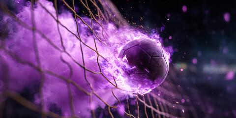 A striking image of a soccer ball engulfed in vibrant purple flames as it flies into the net, showcasing motion and energy.
