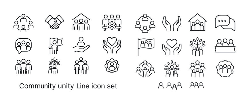 Community unity line icon set: collaboration, support, heart, fr